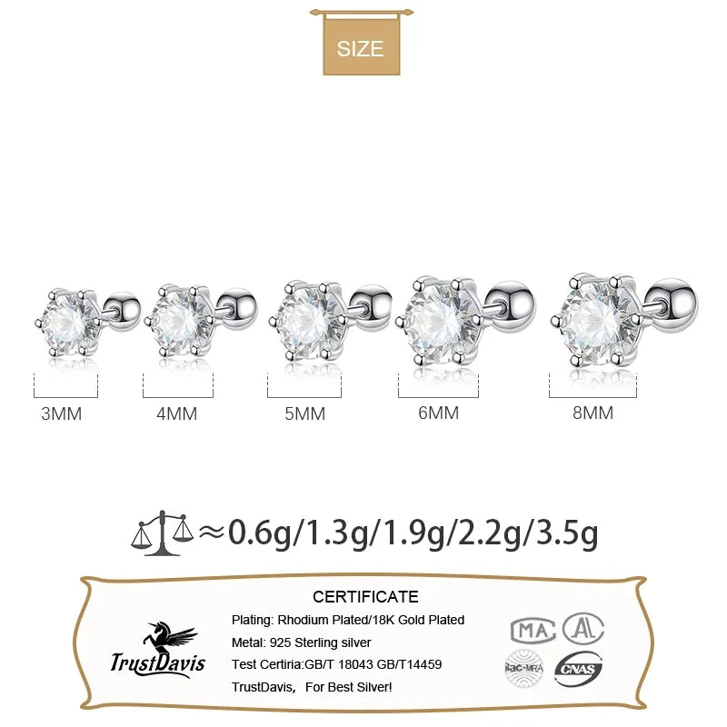 Six Claw 3/4/5/6/8mm CZ Screw Stud Earrings DA2268