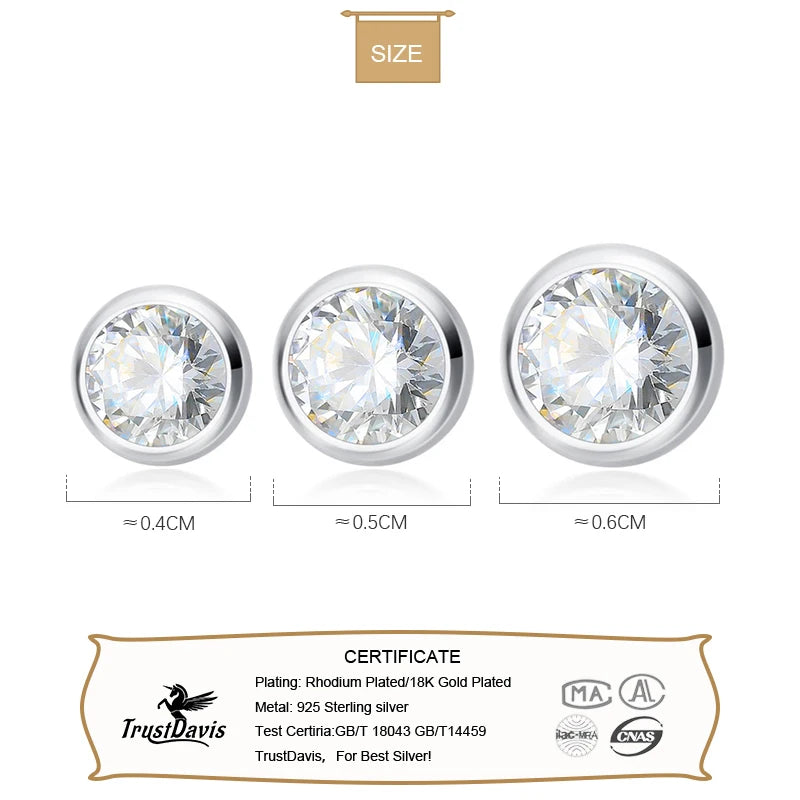 TrustDavis 925 Sterling Silver Tiny Dazzling Round CZ 4mm 5mm 6mm Stud Earring For Women Girls Kids Silver 925 Jewelry Gift DT55