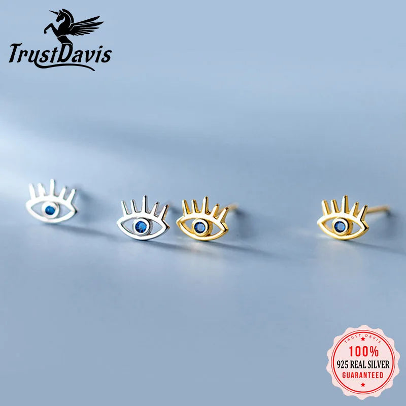 TrustDavis Real 925 Sterling Silver Fashion Sweet Mini Eye CZ Charm Stud Earrings For Women Wedding Party Fine Jewelry DB1303