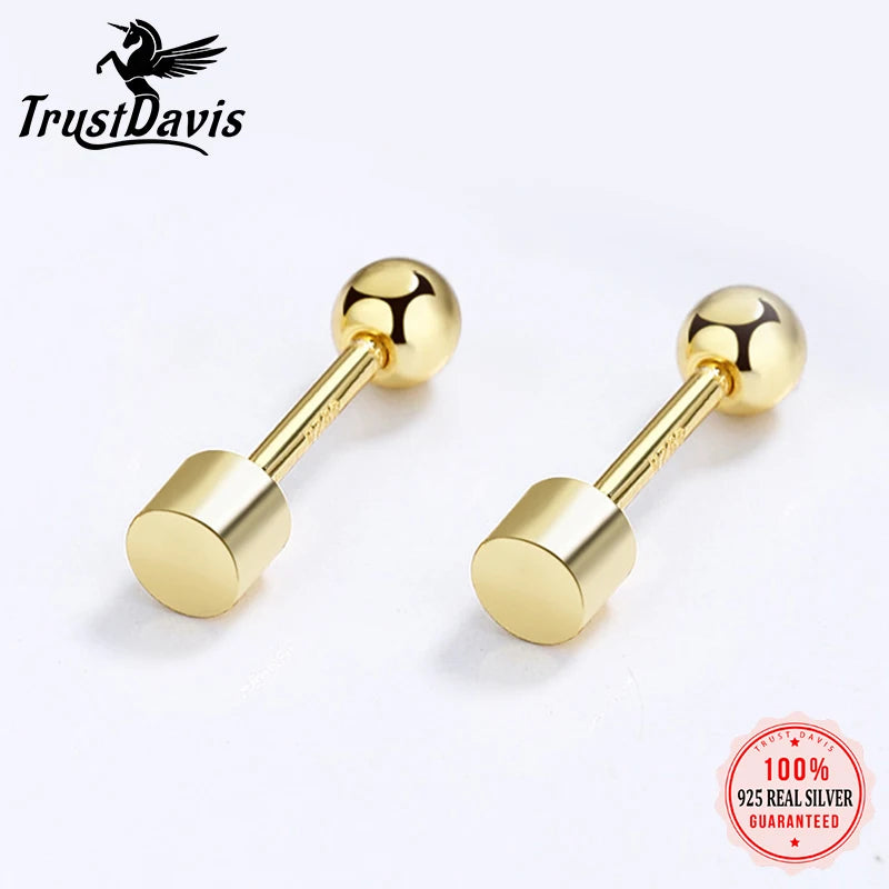 TrustDavis Real 925 Sterling Silver Cylindrical Bead Screw Stud Earrings For Women Valentine's Day Fine S925 Jewelry Gift DA2868