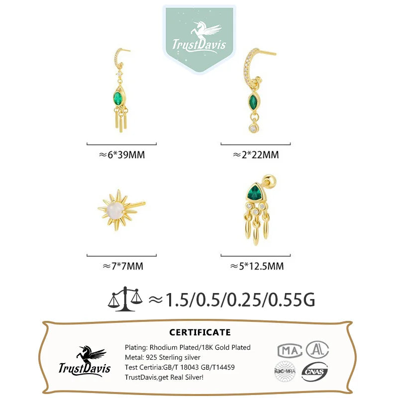 TrustDavis 925 Sterling Silver Women's Single Vintage Triangle Tassel Zirconia Earrings for Women Girls Jewelry Gift DS4331