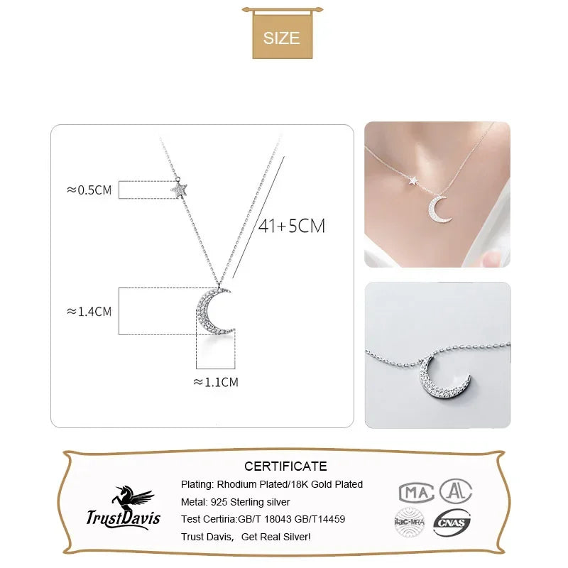 TrustDavis Real 925 Sterling Silver Fashion Sweet Moon Star CZ Choker Necklace For Women Wedding Valentine's Day Jewelry DB469