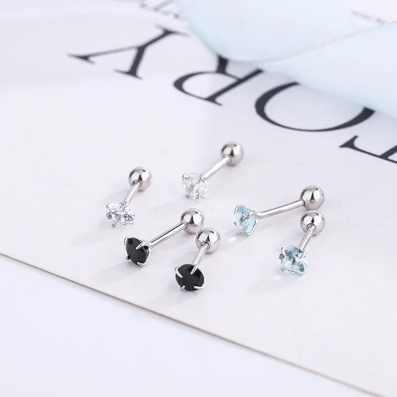 TrustDavis Real 925 Sterling Silver Black/Blue/White CZ Screw Stud Earrings For Women Children Baby Minimalist Jewelry DB1413