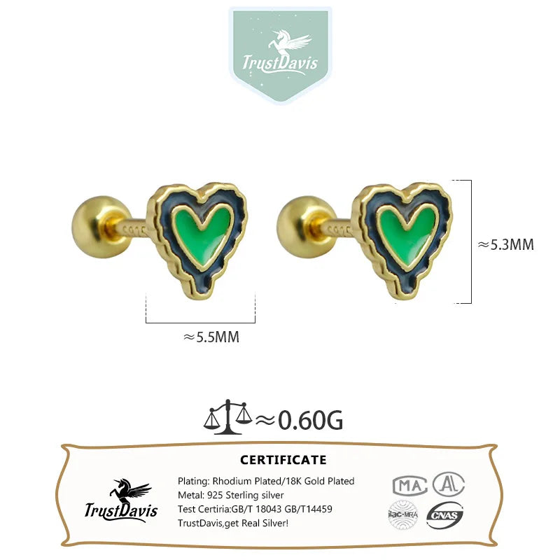 TrustDavis 925 Sterling Silver Women's Fashion Simple Epoxy Heart Screw Earrings for Women Girls Jewelry Gift DS4328