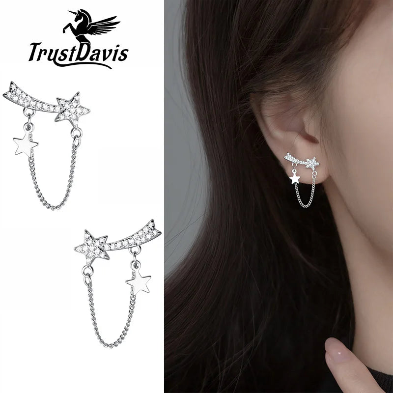 TrustDavis Real 925 Sterling Silver Earring Chain Star Shiny CZ Stud Earring For Women Wedding Mother's Day Fine Jewelry DA3112