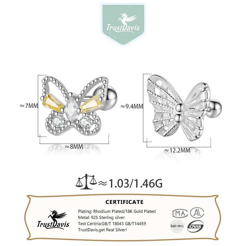 Trustdavis Girls Real 925 Sterling Silver Cute Butterfly Zircon Stud Earrings Women Daughter Birthday Party Gift Jewelry  DS4363