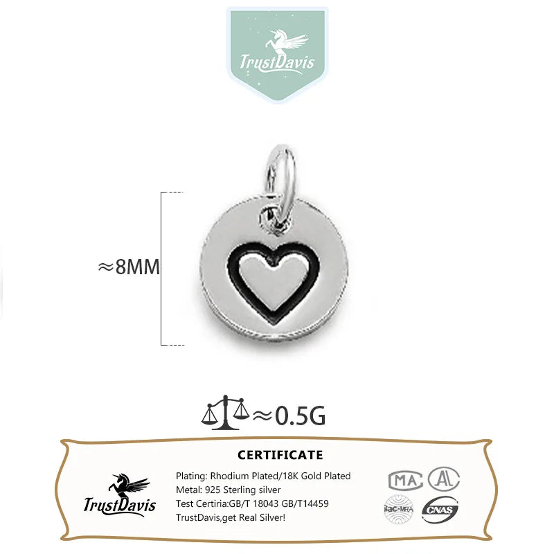 TrustDavis Fashion Real 925 Sterling Silver Mini Round Heart Charms Pendant For Bracelet Necklace DIY Accessories Jewelry HY084
