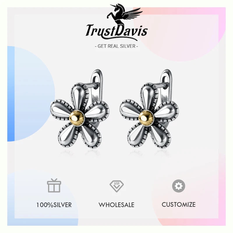 TrustDavis Real 925 Sterling Silver Retro Sweet Flower Earrings for Daughter Mother‘s Day Birthday Gift Fine Jewelry DS3634