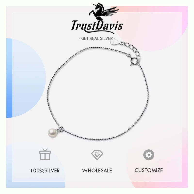 TrustDavis Minimalist 925 Sterling Silver Fashion Synthesis Pearl Beads Chain Anklets For Women Wedding Fine S925 Jewelry DA1825