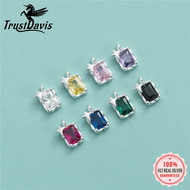 TrustDavis Real 925 Sterling Silver Star Square Zircon Charm Pendant for Women Kids Handmade DIY Accessories Jewelry DZ1016