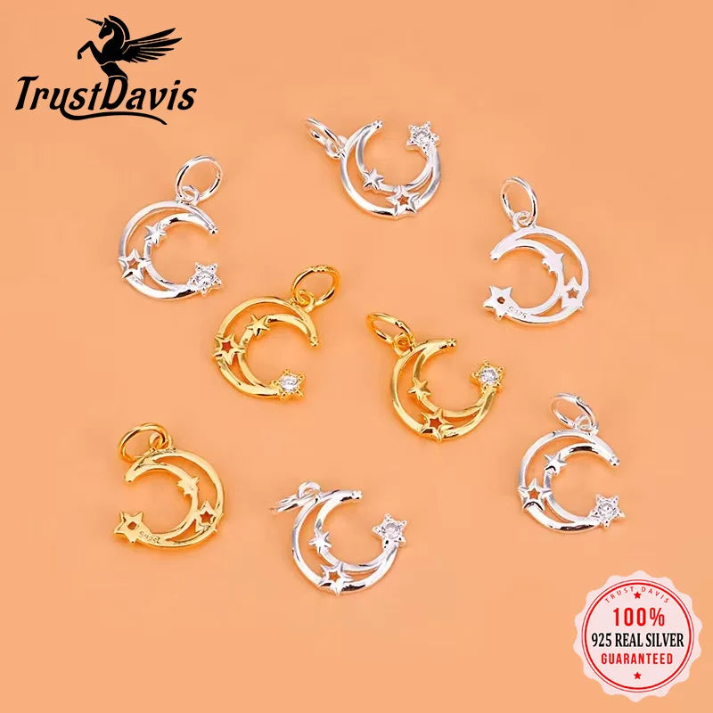 TrustDavis Real 925 Sterling Silver Fashion Hollow Moon CZ Charm Pendant Handmade DIY Accessories Fine Jewelry Wholesale HY221