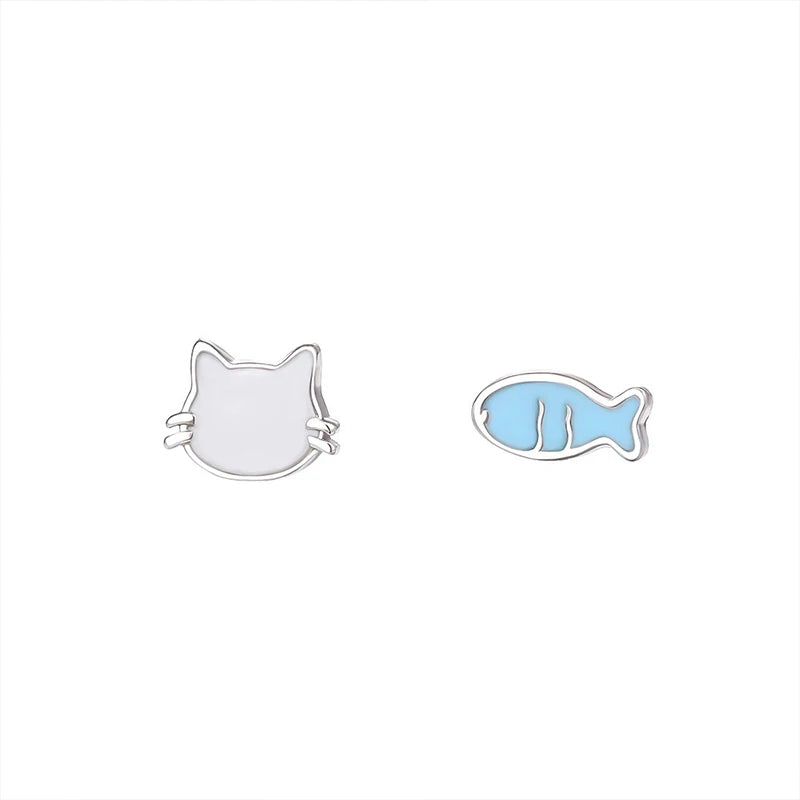 TrustDavis Real 925 Sterling Silver Fashion Sweet and Cute Cat and Fish Earrings for Women Girls Gift Fine Jewelry DS4684