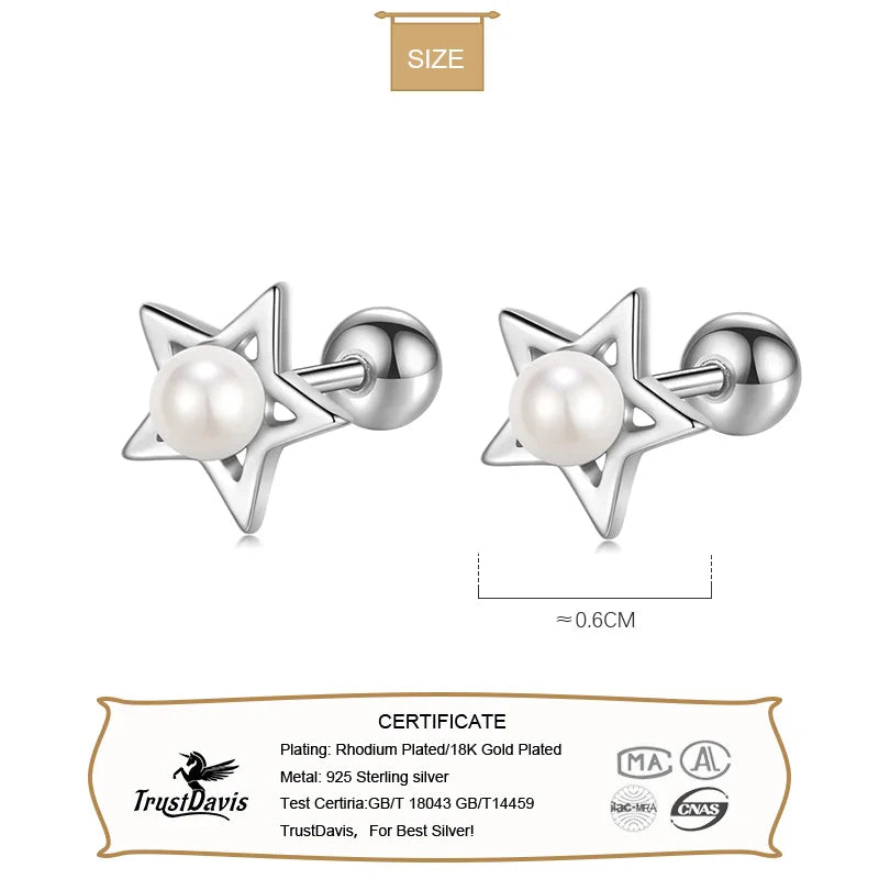 Trustdavis Real 925 Sterling Silver Fashion Star Pearl  Screw Stud Earrings For Women Children Mini Minimalist Jewelry DA1908