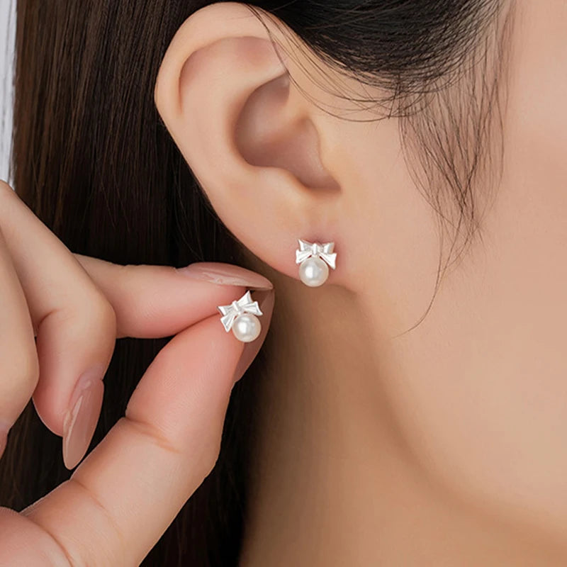 Trustdavis Real 925 Sterling Silver Fashion Classic Pearl Round Stud Earrings for Women Gift Birthday Present Jewelry  DS4008