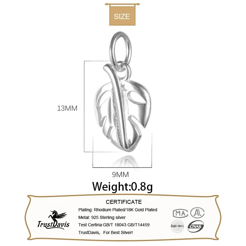 TrustDavis  Real 925 Sterling Silver Fashion Sweet Hollow Leaves Charm Pendant Handmade DIY Accessories Jewelry Wholesale DZ134
