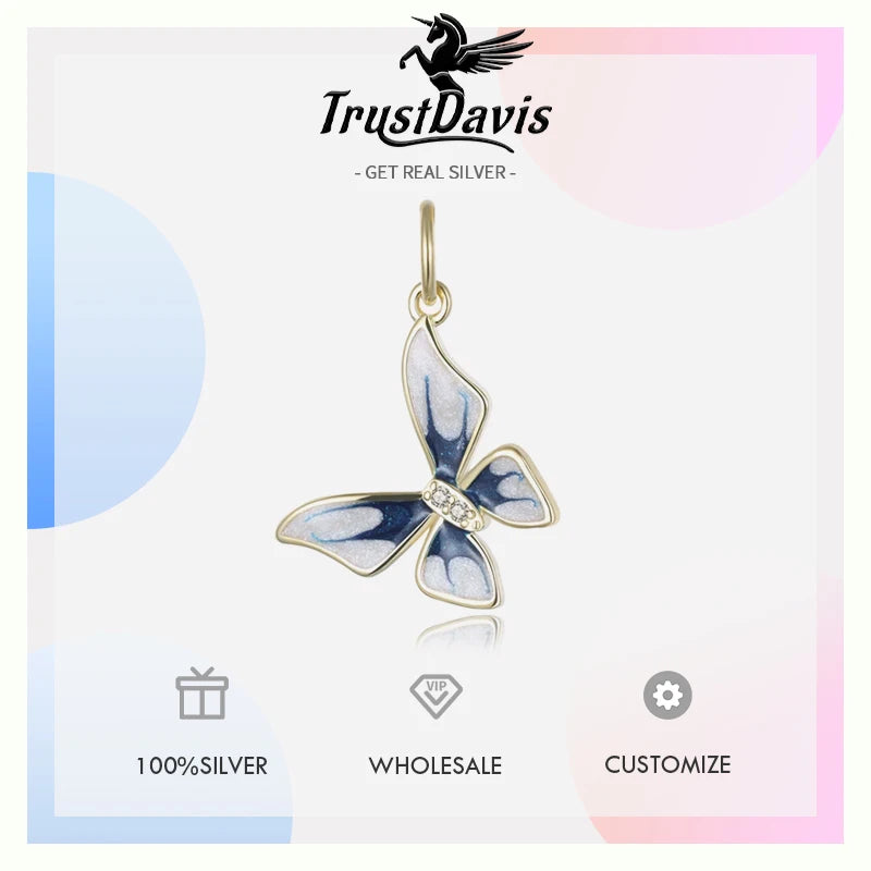 TrustDavis  New Real 925 Sterling Silver Fashion Glaze Insect Butterfly CZ Charm Pendant Handmade DIY Accessories Jewelry DZ74