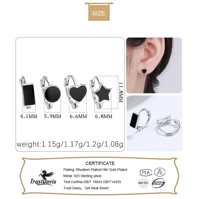 TrustDavis Real 925 Sterling Silver Black Glaze Heart Round Star Square Hoop Earrings For Women Wedding Party Jewelry DA2509