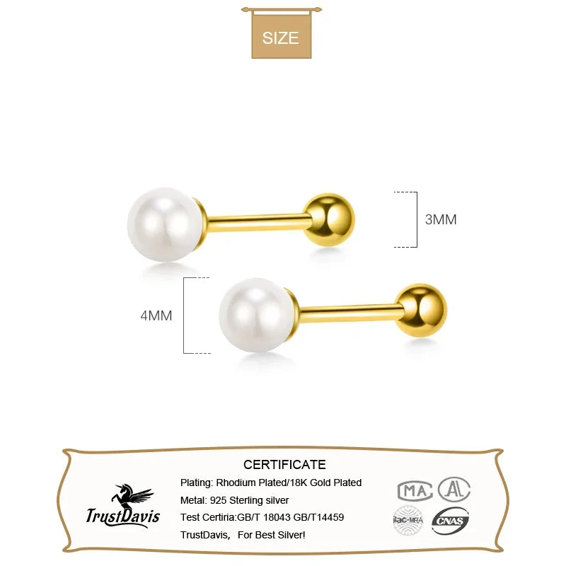 TrustDavis Real 925 Sterling Silver Charm Min Pearl Beads Screw Stud Earrings For Women Wedding Party Fine S925 Jewelry DA1621
