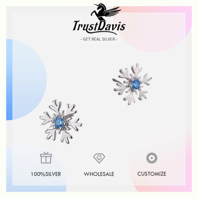 TrustDavis 925 Sterling Silver Women's Fashion Simple Snowflake Zircon Earrings for Women Girls Christmas Jewelry Gift  DS4702
