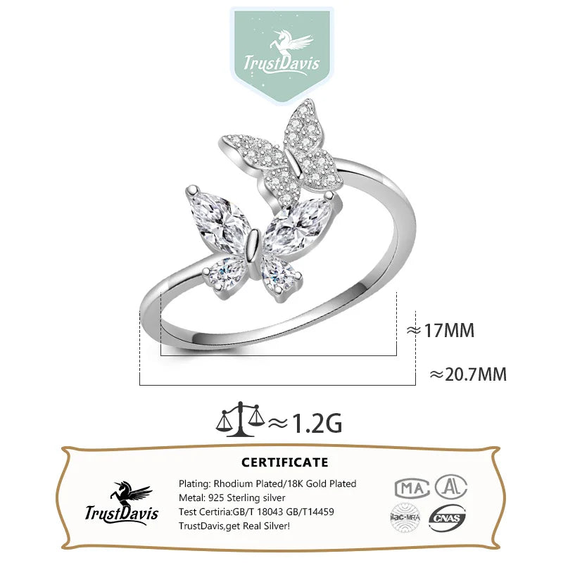 Trustdavis Real 925 Sterling Silver Sweet Butterfly Zircon Ring Women Girls  Birthday Party Gift Jewelry DS4142