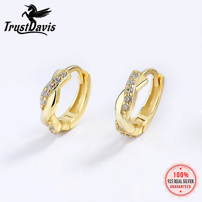 TrustDavis Real 925 Sterling Silver Hoop Sweet Twist Cross CZ Charm Hoop Earrings For Women Office Lady Fine S925 Jewelry DG0117