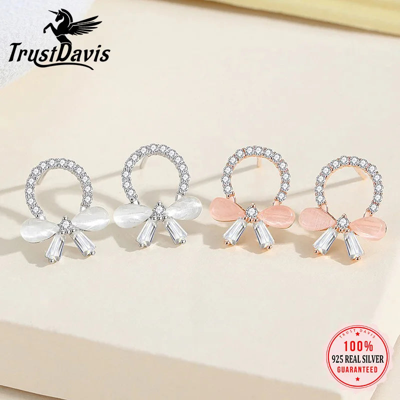 TrustDavis 925 Sterling Silver Women's Fashion Sweet Flower Circle Bow Wreath Earrings for Women Girls Jewelry Gift DS4367