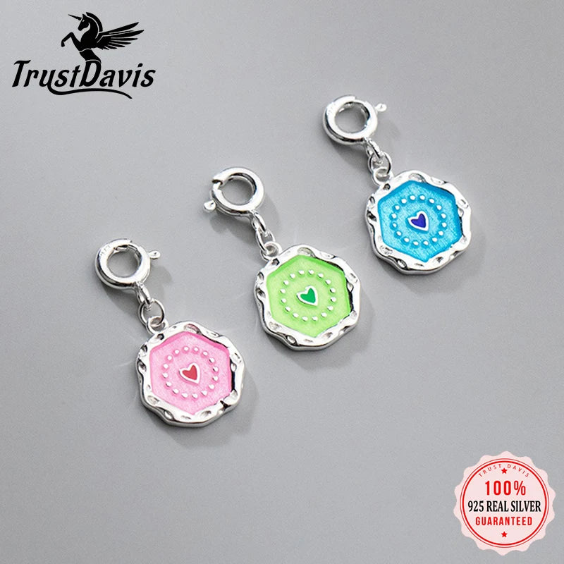 TrustDavis Real 925 Sterling Silver Geometry Color Heart Charm Pendant Handmade DIY Necklace Bracelet Accessories Jewelry DZ755