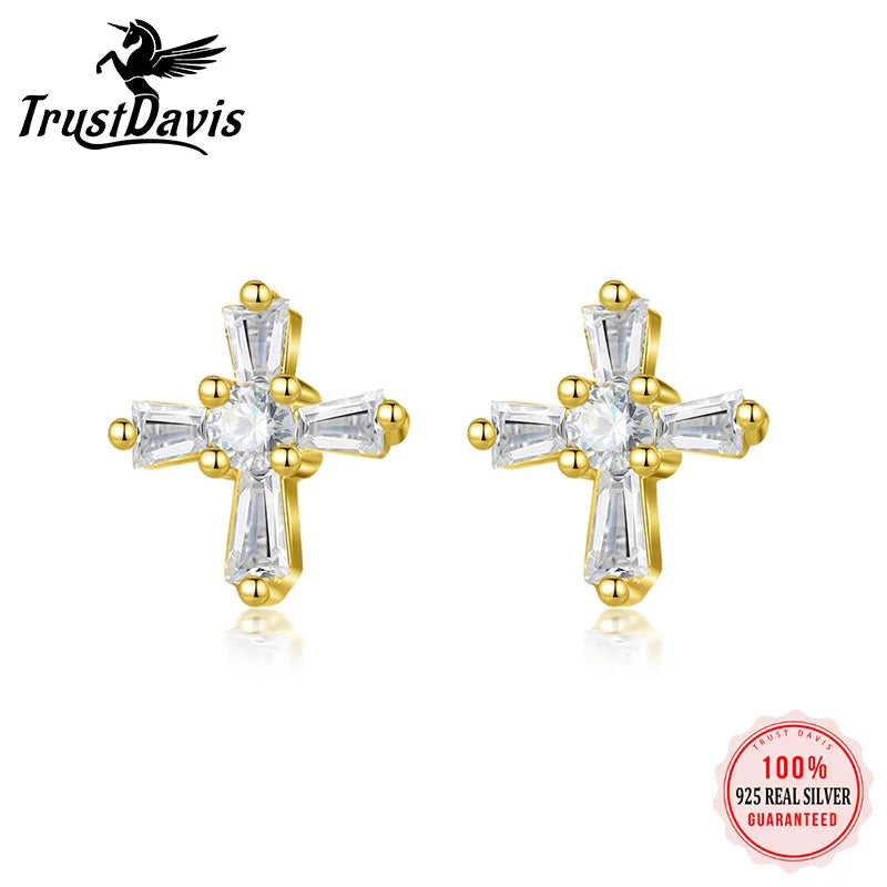 TrustDavis 925 Sterling Silver Cross Stud Earrings Shiny CZ Stones Birthday Gift for Girls Kids Fine Jewelry Wholesale DS3500