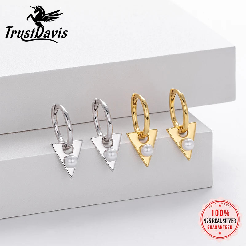 TrustDavis 925 Sterling Silver Women's Fashion Sweet Geometric Triangle Pearl Hoop Earrings for Women Girls Jewelry Gift DS4325
