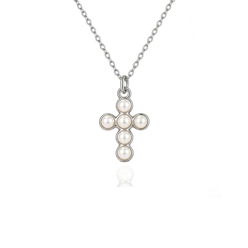 Silver Cross Pearl Clavicle Necklace DS5015