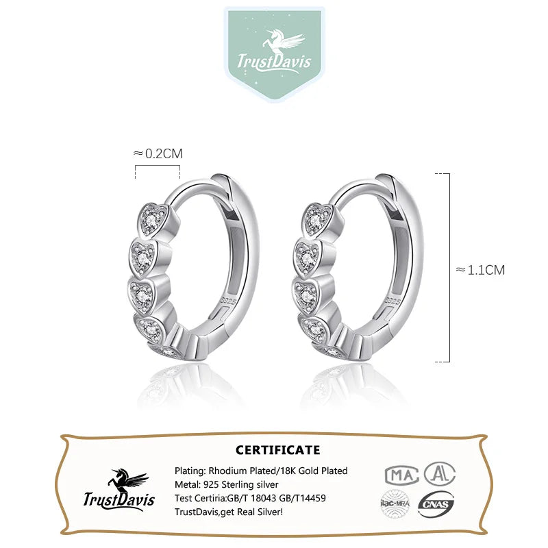 TrustDavis 2023 New 925 Sterling Silver Women Sweet Heart CZ Hoop Earrings for Girls Wedding Party Fine S925 Jewelry DS3874