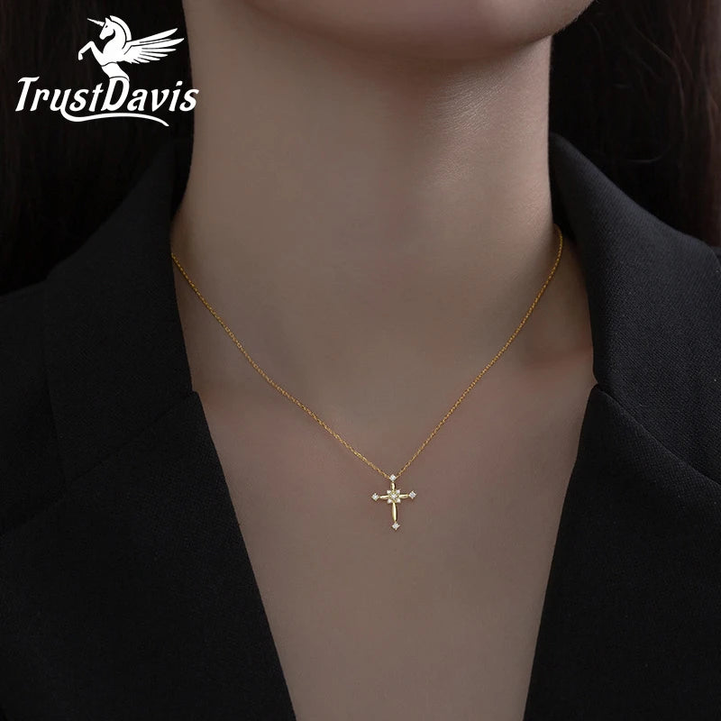 TrustDavis Real 925 Sterling Silver Fashion Sweet CZ Cross Pendant Necklace For Women Wedding Anniversary Jewelry DS3471