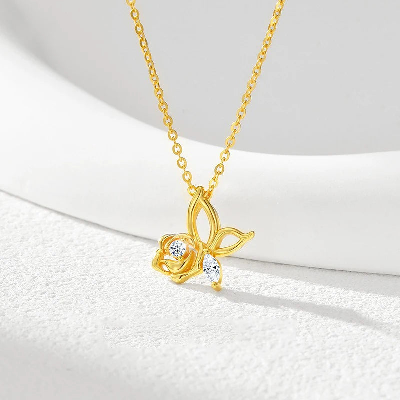 TrustDavis 925 Sterling Silver Women's Fashion Zircon Simple Rose Butterfly Zircon Necklace for Women Girls Jewelry Gift DS4435
