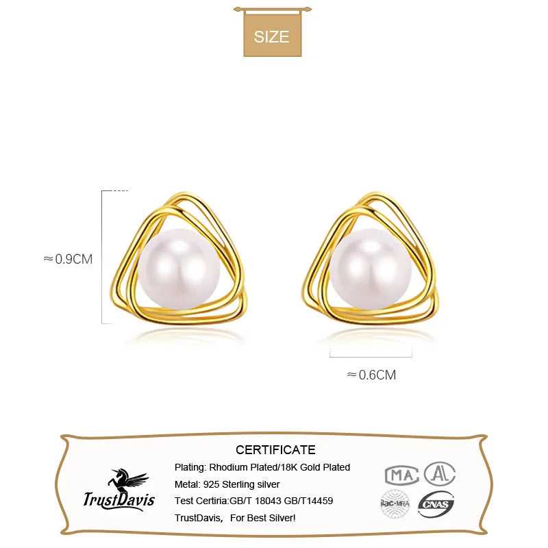 Trustdavis Genuine 925 Sterling Silver Geometric Pearl Triangle Line Stud Earrings Gift for Women Silver Jewelry DS3481