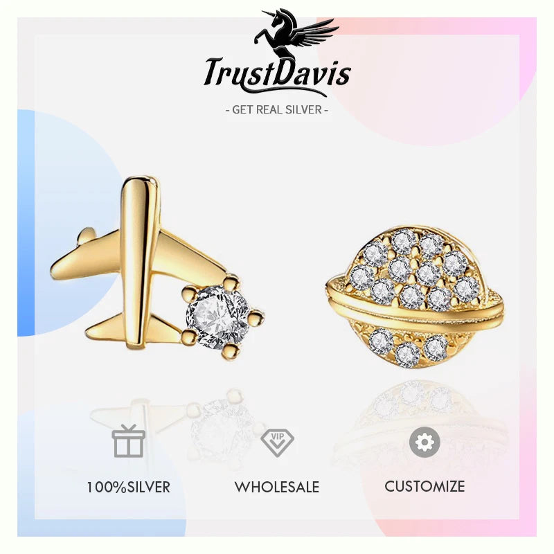 TrustDavis 925 Sterling Silver Women's Fashion Simple Planet and Airplane Earring for Women Girls Birthdays Jewelry Gift  DS4692