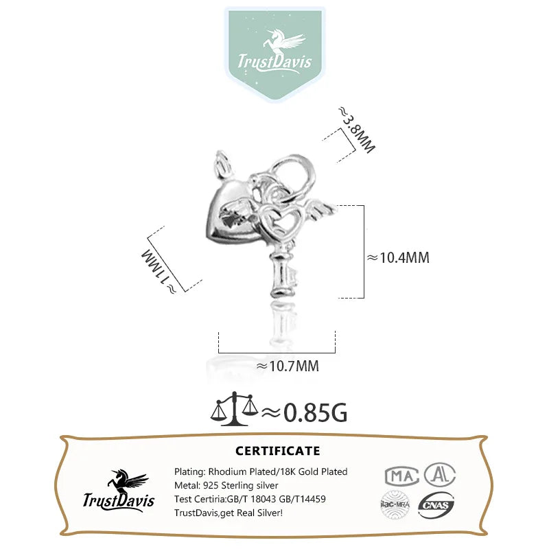 TrustDavis Real 925 Sterling Silver Classic Angel Wings Heart Lock Charm Pendant Handmade DIY Accessories Wholesale DZ1684