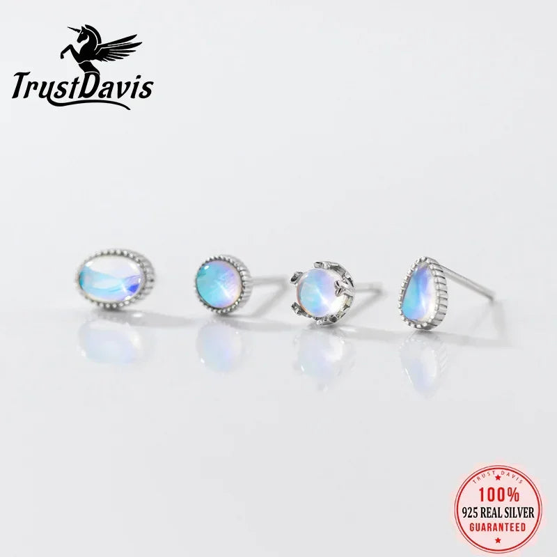 Real 925 Sterling Silver Moon Stone Stud Earrings DS4367