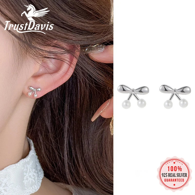 TrustDavis 925 Sterling Silver Women's Pearl Earrings Fashion Sweet Cherry Pearl Earrings for Women Girls Jewelry Gift DS4377