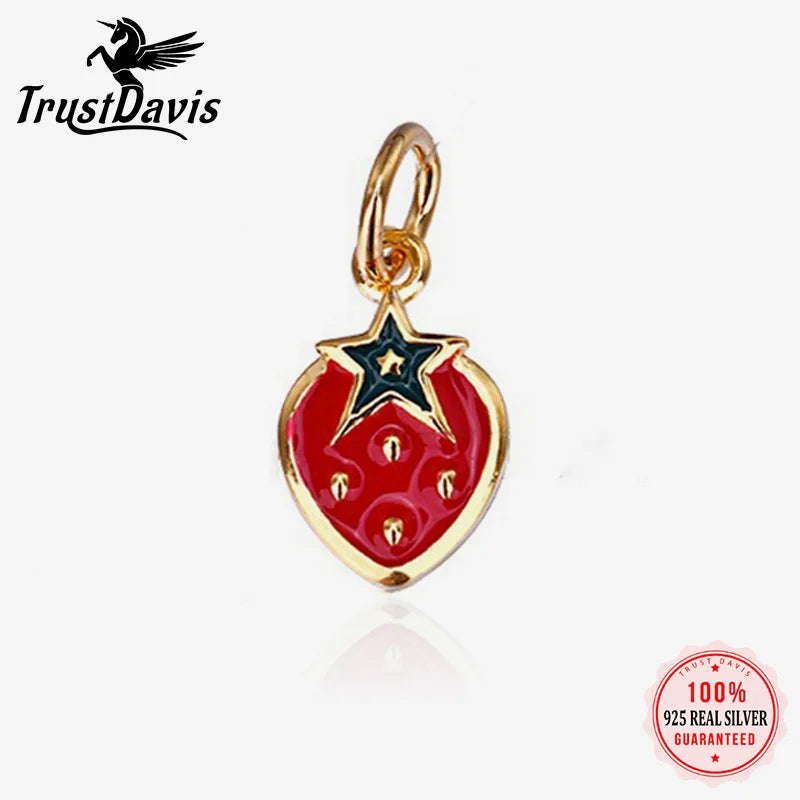 TrustDavis Real 925 Sterling Silver Cute Strawberry Charm Pendant Handmade DIY Accessories Fine Jewelry Wholesale DZ1711