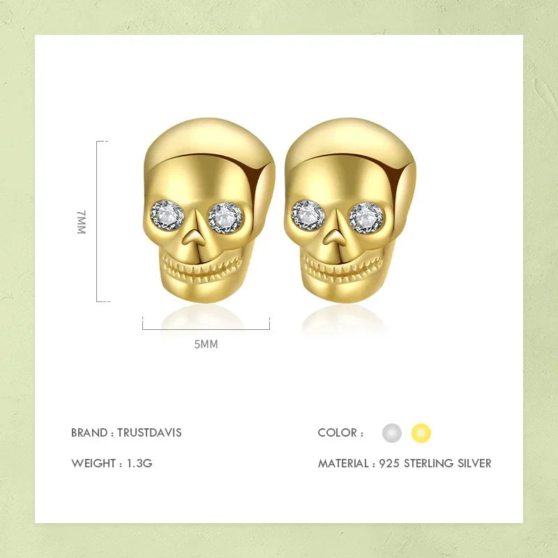 TrustDavis Real 925 Sterling Silver Gold SKull Head Skeleton CZ Screw Stud Earrings For Women Men Hip Hop Gift Jewelry DA3188