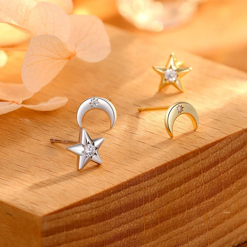 TrustDavis 925 Sterling Silver Women's Fashion Simple Round Zirconia Star Moon Earrings for Women Girls Jewelry Gift DS4272
