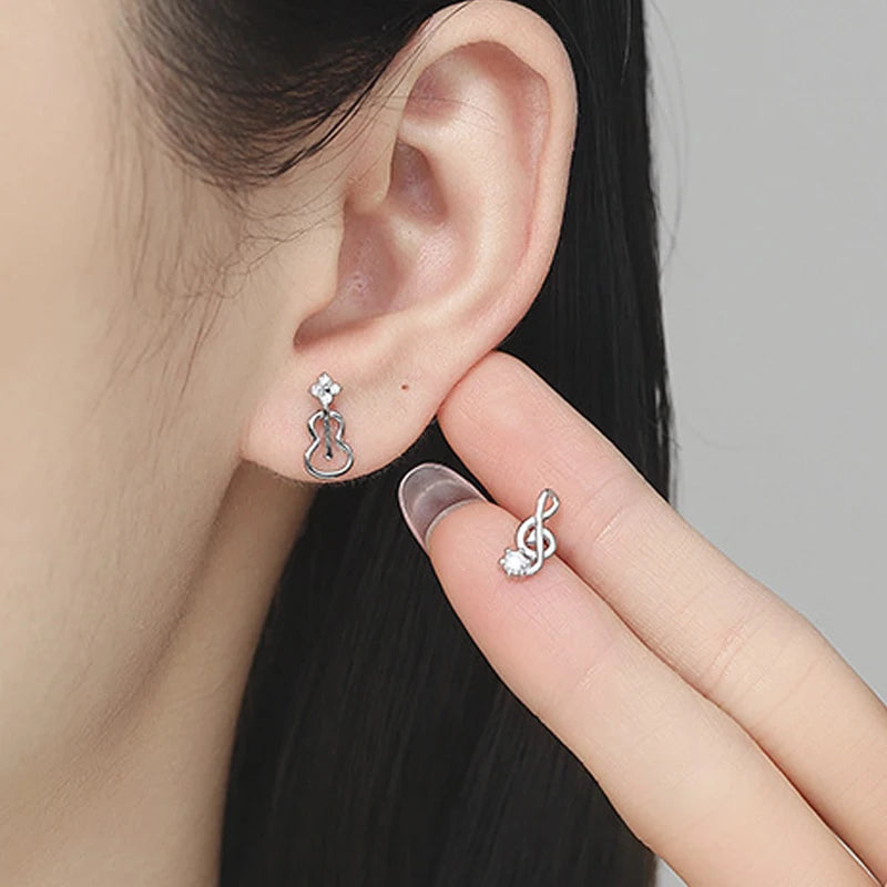 Silver Musical Note Guitar Stud Earrings DS4786