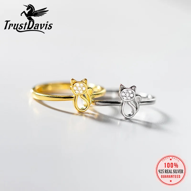 TrustDavis Real 925 Sterling Silver Fashion Cat with Zirconr Ring lAdjustable Ring for Women Wedding Party Fine Jewelry DS4173