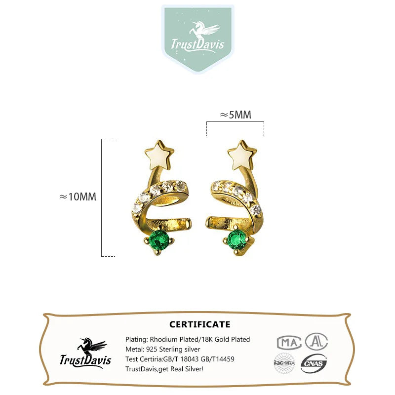 TrustDavis Real 925 Sterling Silver Fashion Fine Christmas Tree Emerald Rotate Stud Earrings for Women Jewelry DS4401