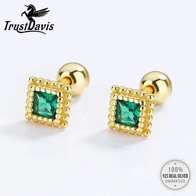 18K Gold Square Green CZ Beads Screw Earring DG0095