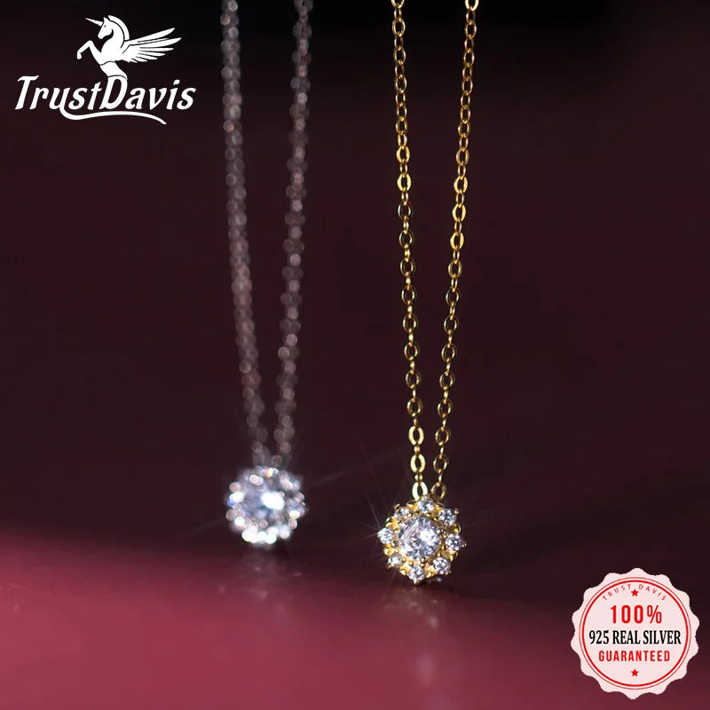 TrustDavis Real 925 Sterling Silver Fashion Snowflake Shiny CZ Clavicle Necklace For Women Wedding Party S925 Jewelry DG0199