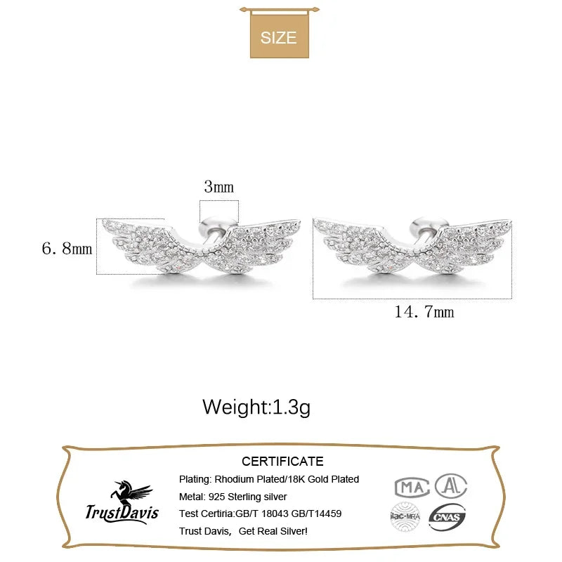 TrustDavis Real 925 Sterling Silver Stud 2022 Fashion Angel Wings CZ Beads Screw Earring For Women Wedding Fine Jewelry DG0111