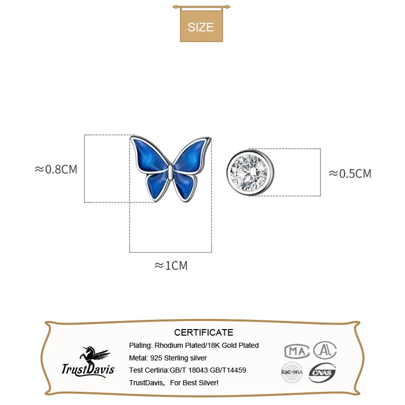 TrustDavis Real 925 Sterling Silver Kids Earring Asymmetric Butterfly CZ Stud Earrings for Daughter Girls Fine Jewelry DG0194