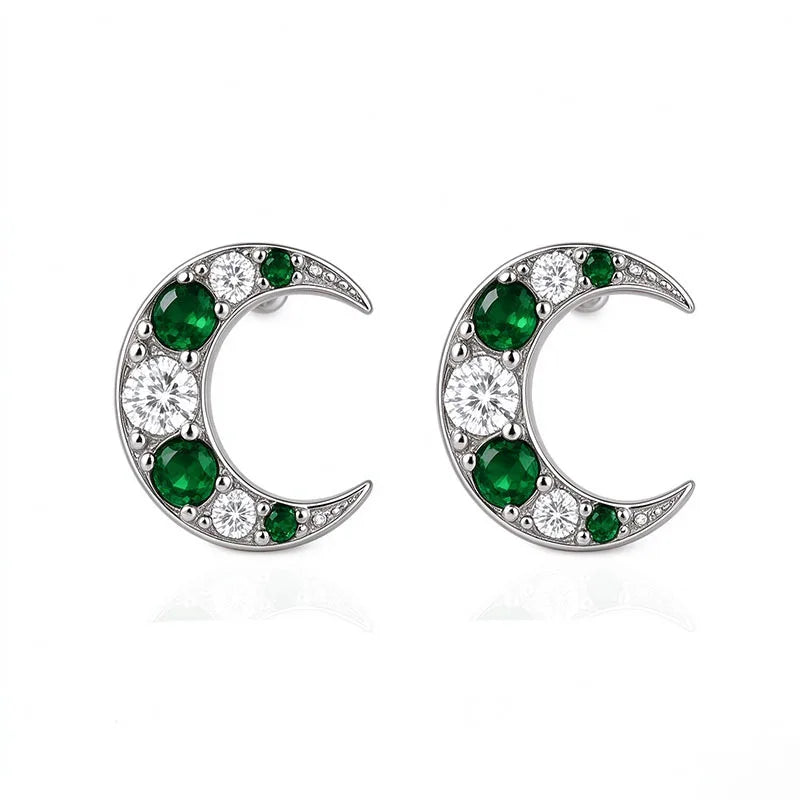 Silver Stars Moon Emerald Zircon Stud Earrings  DS5018