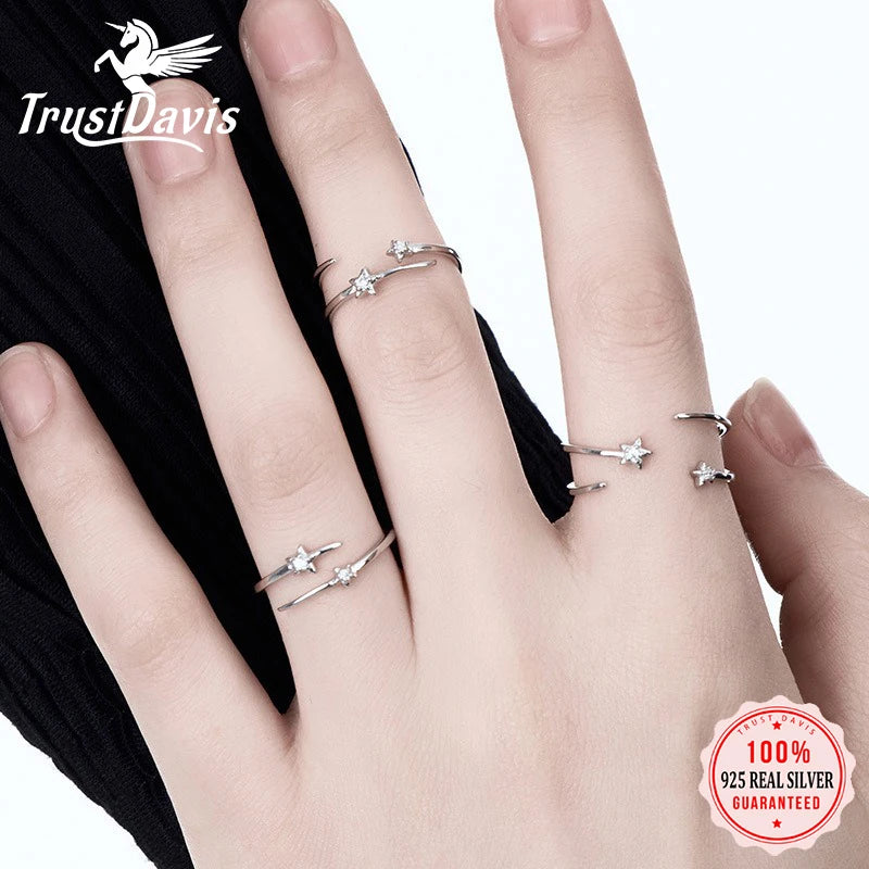 TrustDavis Real 925 Sterling Silver Women's Fashion Simple Star Double Open Ring for Women Girls Fine Jewelry Gift DS4677